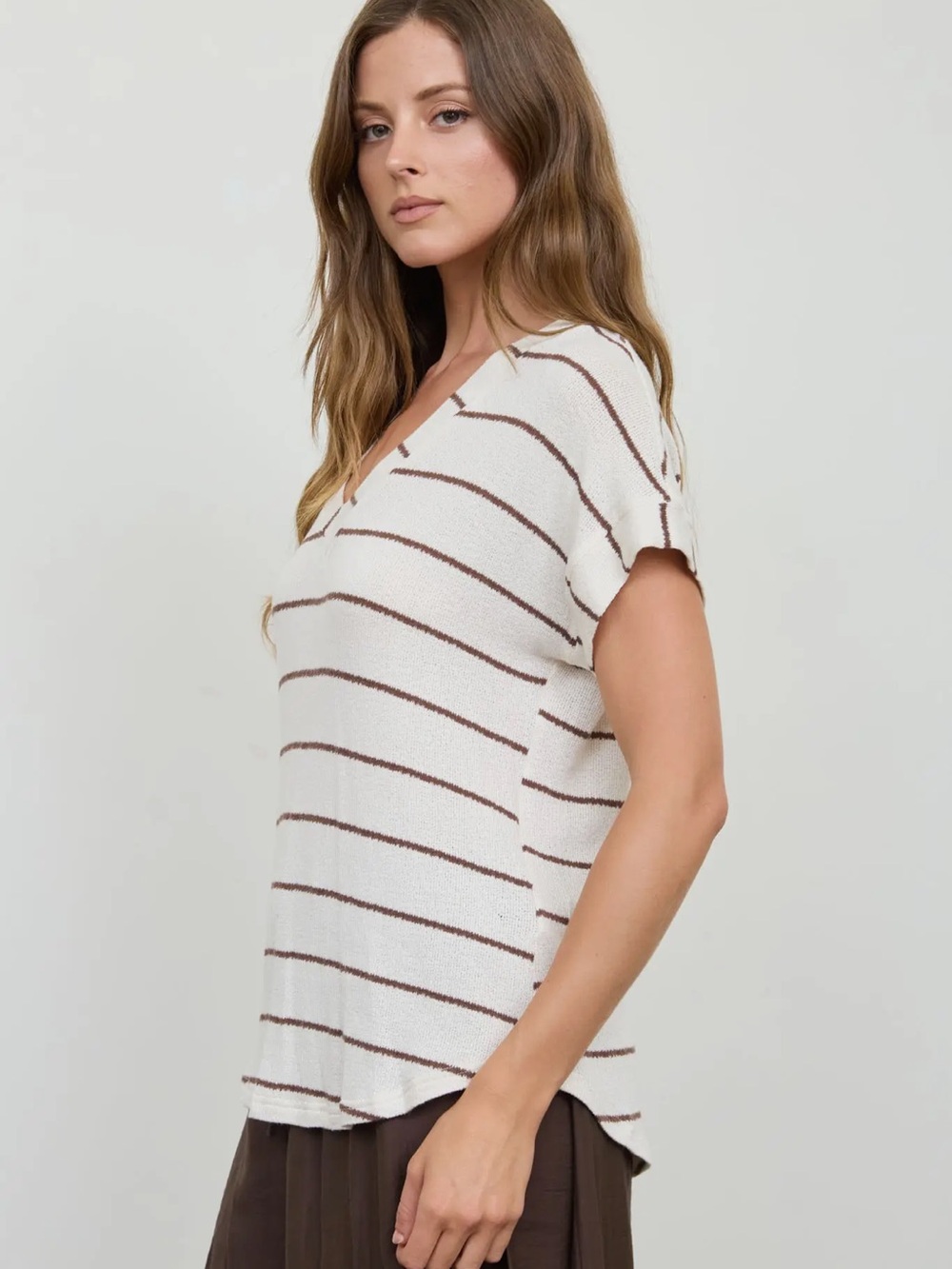 Stripe V Neck Cuffed Sleeve Knit Top